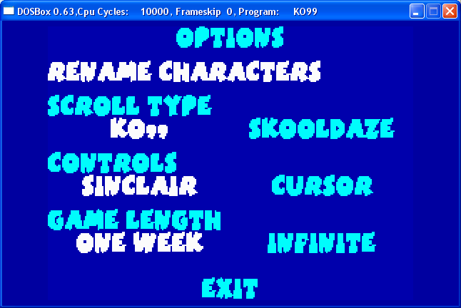 Options screen.